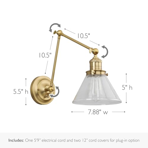 Image of Design House Augustin Wall Sconce, 1-Light, Swing Arm, Seeded Glass, Hardwire /Plug-in Easy Installation, On /Off Backplate, E26 Socket, Satin Gold, 7.9 in L x 17.3 in W x 38.6 in H, 589077-SG | Adjustable Swing Arm, Adjustable, Wall Mount, Contemporary /Modern, Steel, Lighting, 589077-SG