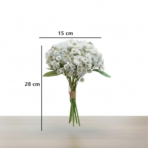 Image of Artificial Baby Breath White Flower Bouquet - 12 Stems, 28cm Height Faux Bunch with Green Leaves for Home, Office, Wedding & Party Decoration
