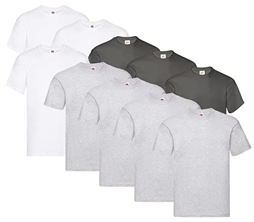 T-shirt original pour homme Fruit of the Loom lot de 10 vêtements en coton gris blanc graphite taille XL