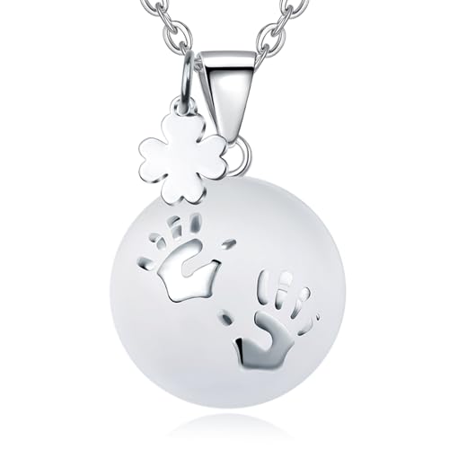 CELESTIA Collana Chiama Angeli Gravidanza, Collana Richiamo Angeli Gravidanza con Ciondolo Impronta e Trifoglio, Placcato Argento Collane Donna Incinta, Regali per Donne Incinte, 76~114cm