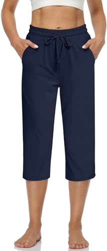 UEU Pantalones de yoga con cordón para mujer, pantalones de entrenamiento, pantalones capri de interior - azul - Medium