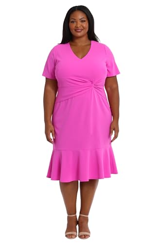 Image of London Times Women's V-Neck Dress - Flounce Hem, Twist Waist, Elegant Office & Event Wear