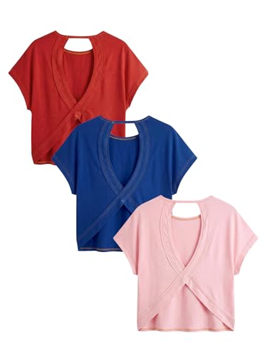 Image of RoseSeek Women's 3 Packs Open Back Tops T Shirt Criss Cross Cut Out Tee Short Sleeve Crewneck Summer Backless Tops