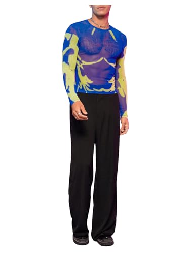 WDIRARA Men's Mesh Shirts Long Sleeve Rave See Through Tee Crewneck Party Club Wear Top3