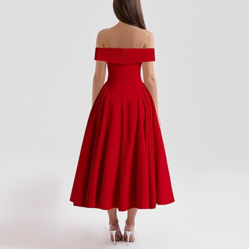 Image of Women's Summer Off Shoulder Fit and Flare Midi Dress - Sleeveless Sexy A Line Corset Club Party Going Out Dresses
