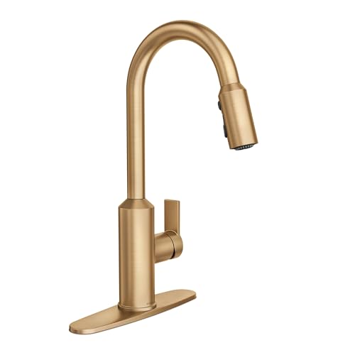 Moen Meena One Handle Kitchen Faucet with Pull Down Sprayer, High Arc Kitchen Sink Faucet Featuring Reflex System and Duralock Quick Connect, Bronzed Gold, 87270BZG by Moen - Used condition - US$135.59