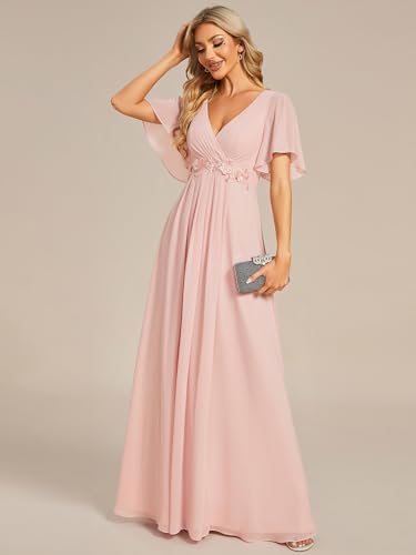 Image of Ever-Pretty Womens V Neck Applique Mother of the Bride Dresses Formal Dress | Chiffon, Short Sleeves, Ruched, A-Line, Bridesmaid Dresses, Formal Gown, Black Tie Dress