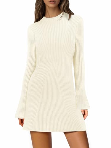 Womens Sweater Dress Fall Winter Bell Long Sleeve Mock Neck Ribbed Knit Bodycon Mini Dresses 20254