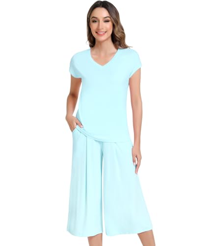 Image of NACHILA Women's Pajamas Sets Short Sleeve Sleepwear Soft Pjs Cool Loungewear with Capri Pants, Viscose made from Bamboo
