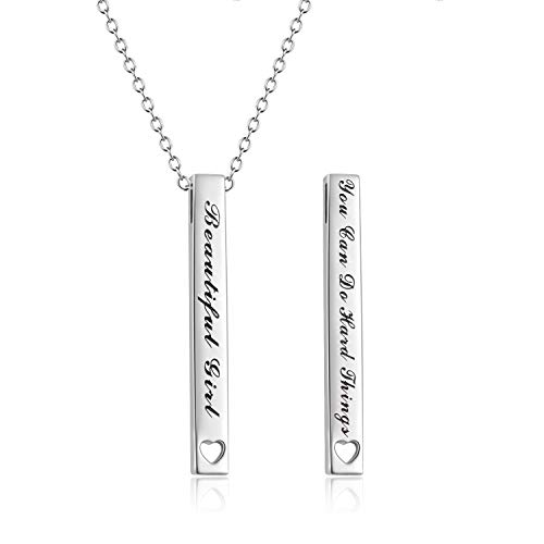 925 Sterling Silver Vertical Bar Necklace Engraved Message Inspirational Jewelry Gifts for Women