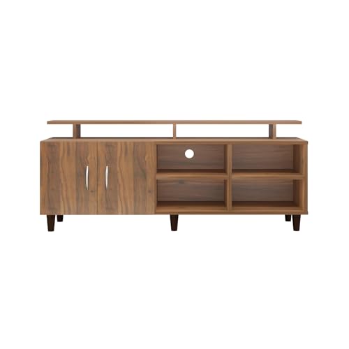 Image of VIKI Modern TV Unit for Living Room | Engineered Wood TV Cabinet with 2 Door Storage, 2 Open Shelves & Extension, Entertainment Unit, 140W x 48H x 40D cm | DIY | 1 Year Warranty (Walnut)