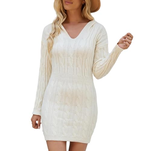 Image of Joe Wenko Sweater Dresses for Women Cable Knit Long Sleeve Hooded Bodycon Dress, White, Large