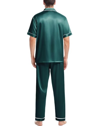 Couples Matching Pajamas Set Silk Satin Short Sleeve Sleepwear Men Button Down Loungewear Green X-Large4
