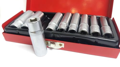 topolenashop Juego de 9 llaves de vaso largas de 1/4 pulgadas de cromo vanadio, tamaños de 5 a 13 mm para un excelente rendimiento y durabilidad