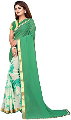 RAJESHWAR FASHION WITH RF Saree Women Georgette Floral Printed Half & Half Saree For Women With Jacquard Lace Border Work Saree with Blouse Piece(A3 TO A10 Catalog_Multicolored_Free Size 6.30 Mtr