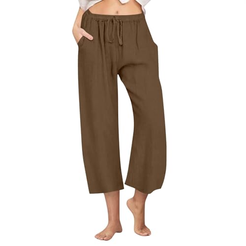 AKTCVVJ Capris for Women Casual Drawstring Waist Loose Fit Pant Straight Leg Fashion Pants Summer Vacation Pant with Pockets Brown