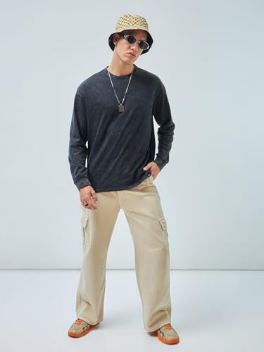 Image of Bewakoof Men's Solid Oversized Fit Full Sleeve Round Neck Cotton T-Shirt