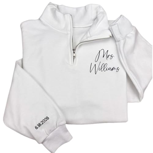 GODMERCH Personalized Embroidered Mr&Mrs Quarter Zip Sweatshirt, Wife Bride Fiancee Sweater, Bride To Be Gifts, Bridal Shower Engagement Gifts