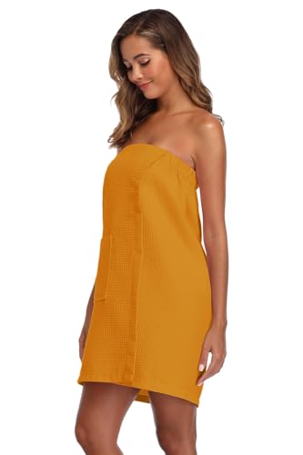 Image of Women's Bath Towel Wrap Waffle Spa Body Wrap with Adjustable Closure Quick Dry Lightweight Towel Robes with Pocket, Orange S /M