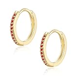 CERSLIMO Earrings for Women Girls - 10mm Gold Hoop Earrings, S925 Sterling Silver Small Gold Earrings | Tiny Helix Tragus Cartilage Huggie Earrings, Red Garnet Cubic Zirconia Cuff Sleeper Earrings