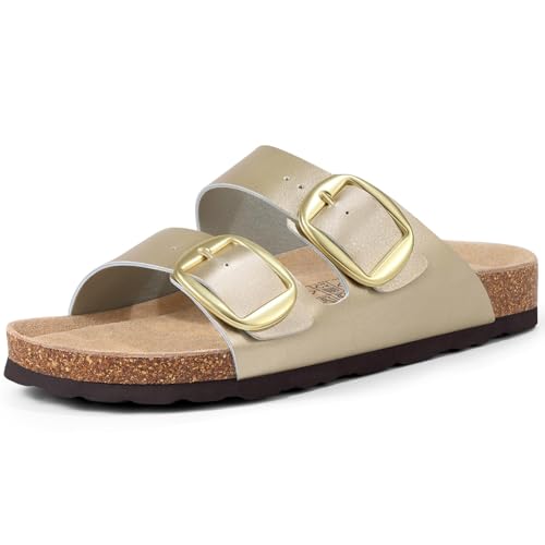 Image of KIDMI Women's Cork Footbed Slide Sandals Comfortable Arch Support Outdoor Sandal with Big Adjustable Buckle for Summer