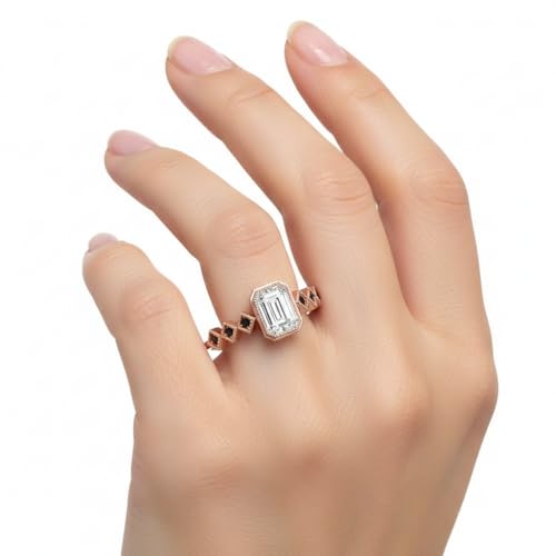 Image of Choose Your Gemstone Bezel Set Emerald Accented Diamond CZ Ring Rose Gold Plated Emerald Shape Side Stone Engagement Rings for Women, Girls and Ladies US Size 4 to 12