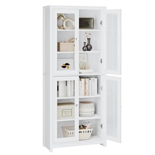 FOREHILL 190 cm Vitrinenschrank, Bücherschrank mit 4 Türen 6 Fächern, Hochschrank, Schrank für Wohnzimmer Küche Esszimmer Büro, weiß