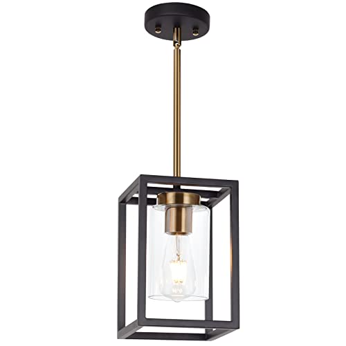 Image of 1-Light Mini Lantern Pendant Light,Black and Brushed Brass Finish Farmhouse Chandelier with Clear Glass Shade Foyer Cage Hanging Ceiling Lighting for Kitchen Island Dining Room Entryway