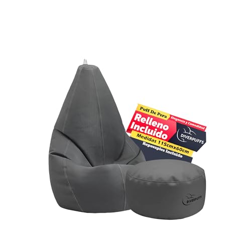 Diverpuff Puff Pera XL Gris con Reposapiés Incluido Relleno Ya Integrado Asiento Ergonómico para Adultos y Niños Ideal para Salón Dormitorio Juego o Lectura Diseño Interior Exterior Confort