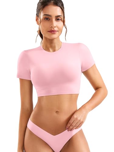 YEOREO Short Sleeve T Shirt for Women Double Lined Crop Top Crew Neck Workout Tee Colin Slim Fit Summer Basic Going Out Top