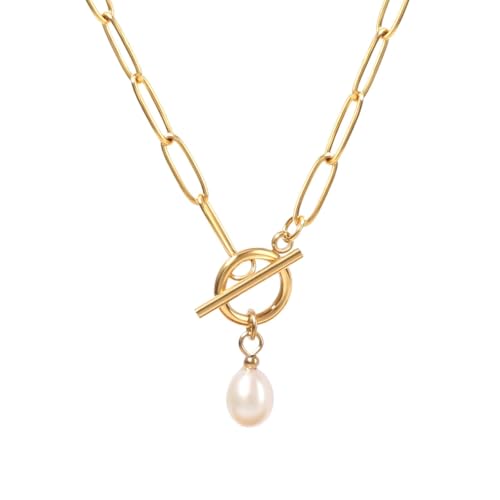 TaYolnFaSo Pearl Pendant Paperclip Toggle Necklaces for Women Oval Natural Freshwater Pearl Beads Stainless Steel Paper Clip Chain Necklace Toggle Paperclip Jewelry Gift for Girlfriend Wife