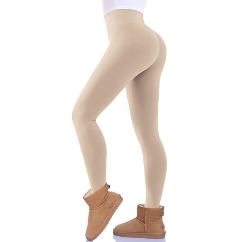 FuelMeFoot Thermo Leggings Damen Gefüttert Fleece High Waist Thermounterwäsche Warm Lang Strümpfhose Blickdicht Winter.08-Beige S/M