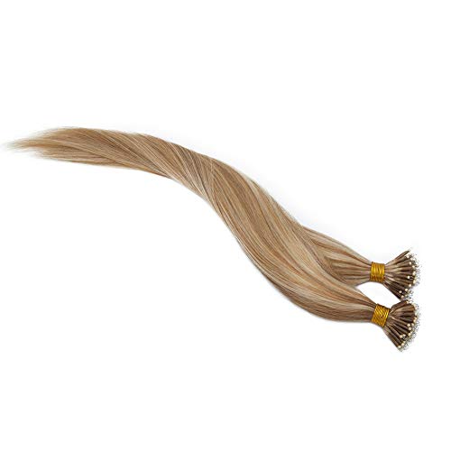 My-Lady Nano Bead Hair Extensions Human Hair Invisible Nano Ring Hair Extensions Pre Bonded Cold Fushion Natural Nano Tips Extensions 50 Strands 50G 18 Inch #12P613 Golden Brown&Bleach Blonde #TOP1