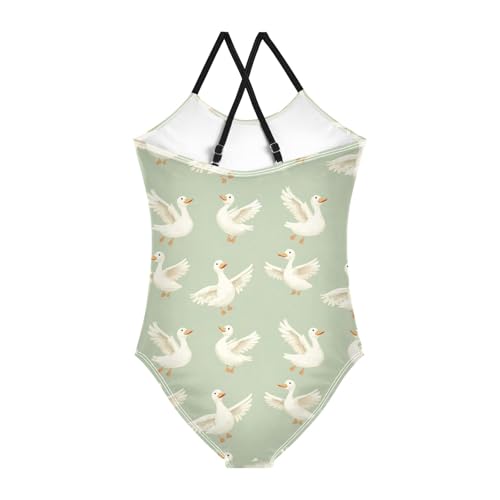 senya Girls Swimsuits One-Piece Swimwear Tie Bathing Suit Beach Summer Round Neck 5-6T Duck Light Green Background Pattern2