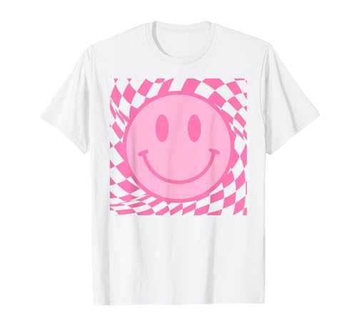Retro Happy Smile Face Smiling Checkered Pattern Pink Trendy T-Shirt