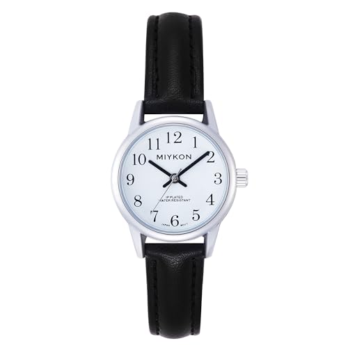 Miykon Dainty Minimalist Casual Dress Watches for Women – Small Easy Reader Analog Watch with Genuine Leather Strap and Second Hand – Japanese Quartz, Waterproof to 100ft (Black Strap, Silver Case, White Dial, 26mm)