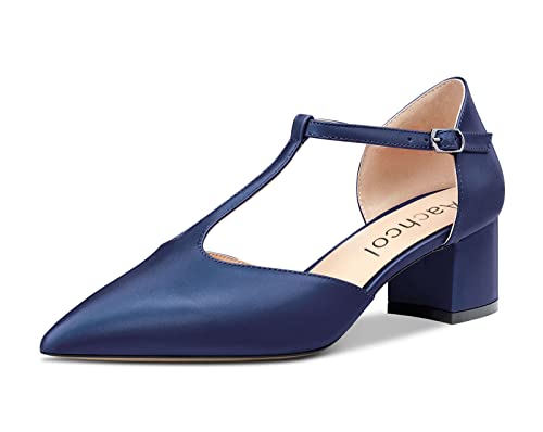 Aachcol Women Chunky Block Mid Low Heel Pumps Ankle Strap T-Strap Pointed Toe Dress Shoes Party Wedding Satin 2 Inch