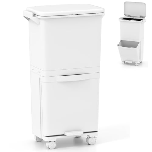 TANGZON Recycling Bins, 40L Trash Can Garbage Bin with 3 Compartments, Wheels, Classification Stickers & Handle, Vertical Waste Separation System for Kitchen Home (42x28x74cm, with 2 Removable Bins)