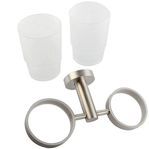 Double Toothbrush Holder, Angle Simple Sus304 Stainless Steel Wall Mounted Glass Tumbler Holder With Frosted Glass Cup Toothpaste Razor Organizer Bathroom Storage, Brushed Nickel #TOP4