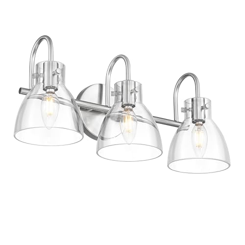 Image of Beionxii Brushed Nickel Bathroom Light Fixtures, 3-Light Bathroom Light Fixtures Over Mirror, Bathroom Vanity Light with Clear Glass Shade, Modern Vanity Lighting for LivingRoom Hallway, BX-VL02BN-3CG