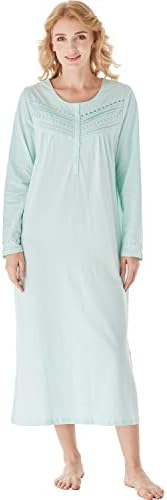 Keyocean Nightgowns for Women, All Cotton Soft Lightweight Long Sleeves Ladies Sleeping-gown Sleepwear, Light Green, XX-Large (XXL)