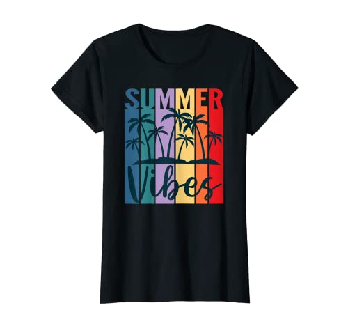 Femme Summer Vibes Rétro Vintage Coucher de Soleil Palmiers Plage Amoureux T-Shirt
