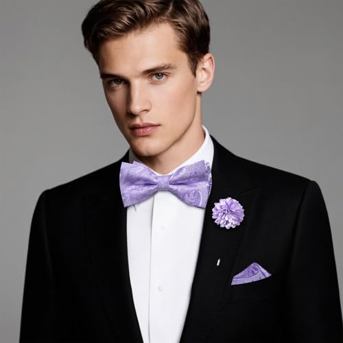 Image of Hi-Tie Bow Ties for Men Pre-Tied Pocket Square with Cufflinks Mens Bowtie Sets for Wedding Formal Party