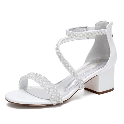 Image of Low Block Heel Wedding Sandals for Bride Open Toe Wedding Shoes Pearl Wedding Heels Bridal Shoes