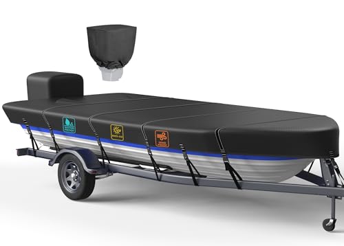 1200D 5-Layer Jon Boat Cover 12-14ft with Motor Cover | Super Waterproof (2-Layer PU 1 Seam Tape) | UV Resistant 9+4 Windproof Straps | Mooring/Trailerable