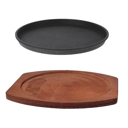 Veemoon Sizzling Plate with Wooden Base Cast Iron Steak Baking Tray Non Stick Sizzling Bbq Pan Fajita Server Tray for Home Kitchen Bbq Party (7. 5inch Pan)