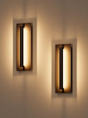 LEONLITE LED Modern Outdoor Wall Light, 19 Inch Exterior Lighting Fixtures for Porch, Patio, Garage, Carved Pattern Matte Black Aluminum Waterproof Outdoor Wall Sconce, 3000K Warm White, Pack of 2