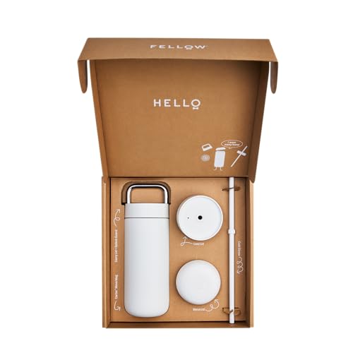 Fellow 16 oz Carter Bundle (3 in 1) Travel Mug with Carry Handle, Move & Cold Lids with Straw - To-Go Coffee Tumbler, Ceramic Interior & Vacuum-Insulated Stainless Steel - Coffee Cups-Matte White