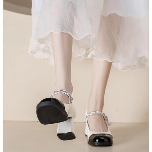 Womens Platform Chunky Heel Mary Jane High Heels Chunky Heel Shiny Dress Shoes Closed Toe Mary Jane High Heels (White,7)2