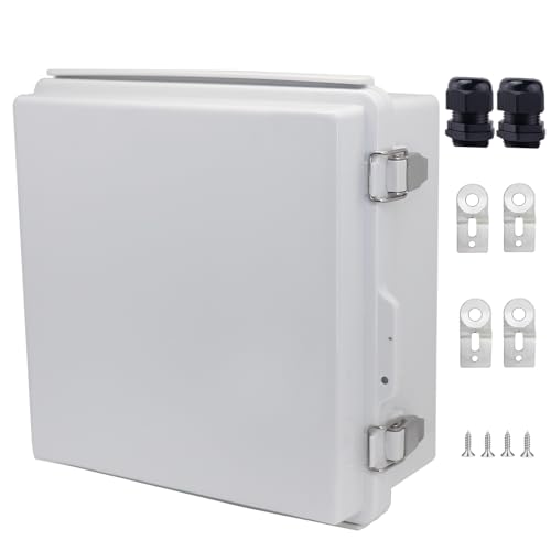 IP67 Waterproof Junction Box, ABS Plastic Electrical Enclosure with Stainless Steel Latch, Hinged Cover Electric Box with Mounting Plate, Wall Brackets &amp; Cable Glands 210x210x100